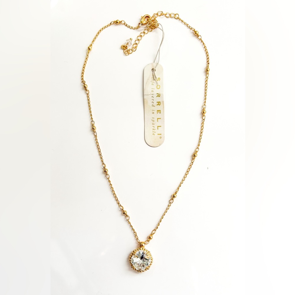 NWT Sorrelli Necklace Cushion Cut Pendant Yellow Gold Clear Faux Diamond Stone